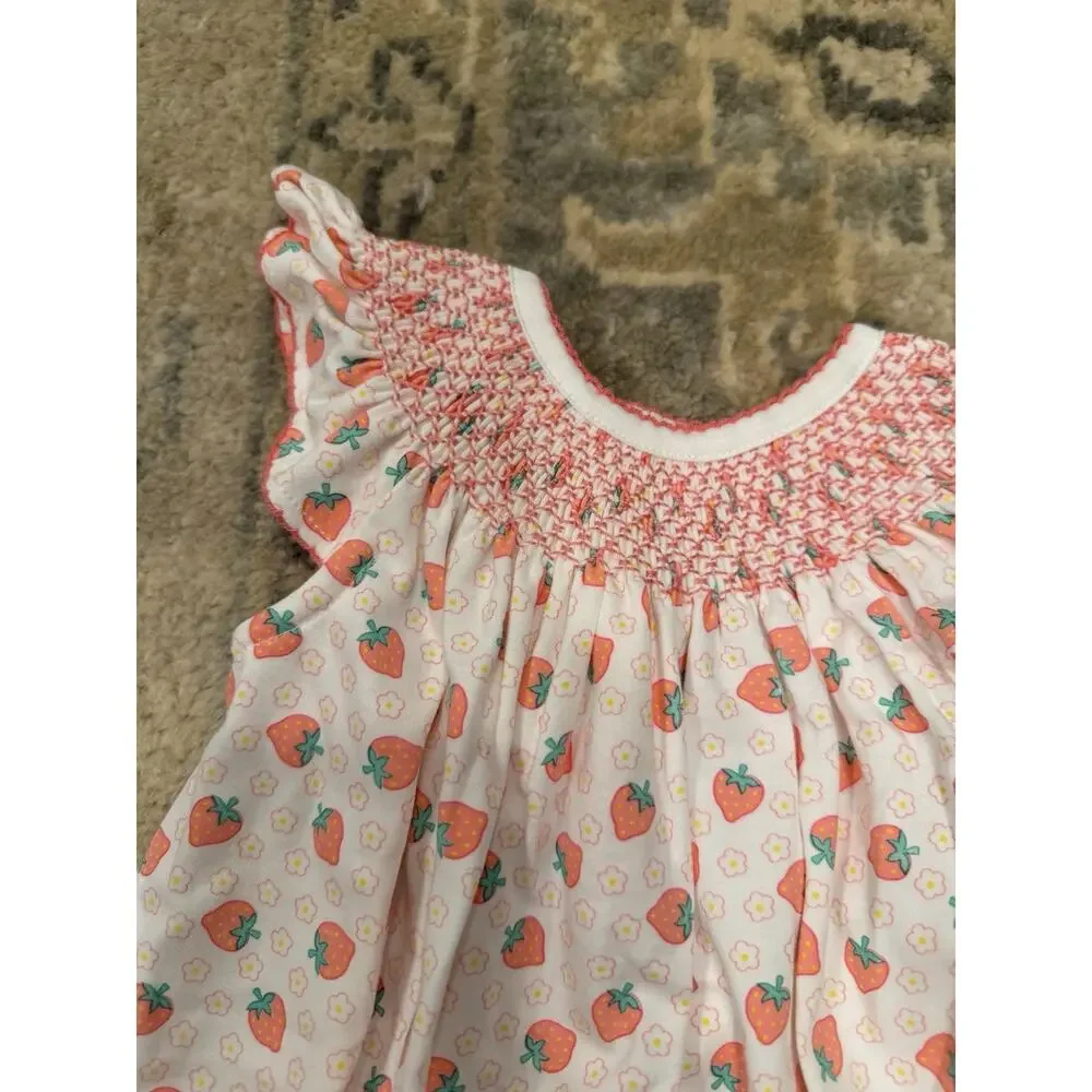 Baby Loren Sz 3-6 Baby Girl Smocked Strawberry Bubble 100% Pima Cotton NWT - Picture 8 of 12